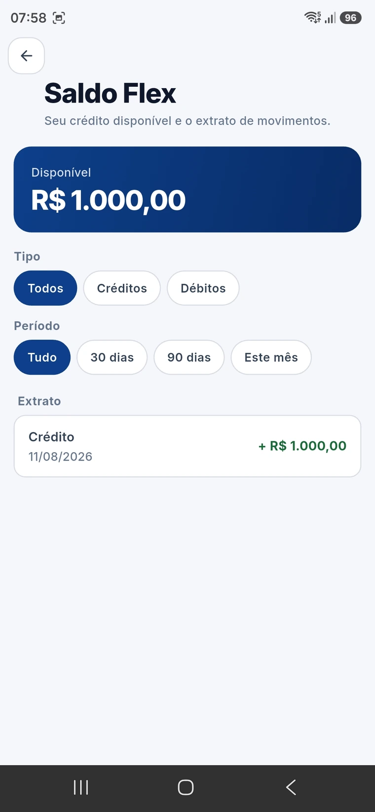 Saldo Flex no app de Força de Vendas do Manto ERP, com crédito disponível e extrato de movimentos
